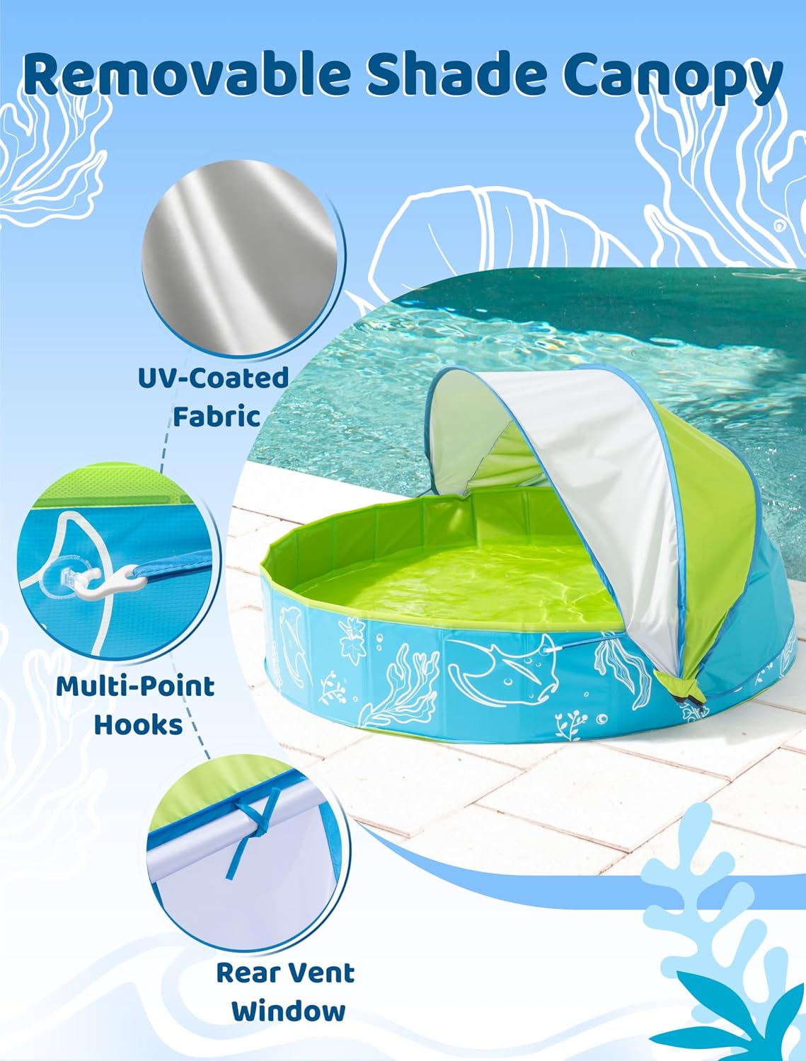 Hikiddy Foldable Kiddie Pool with Canopy: Baby Infant Toddler Kids - Blue-green / 63in - image 3