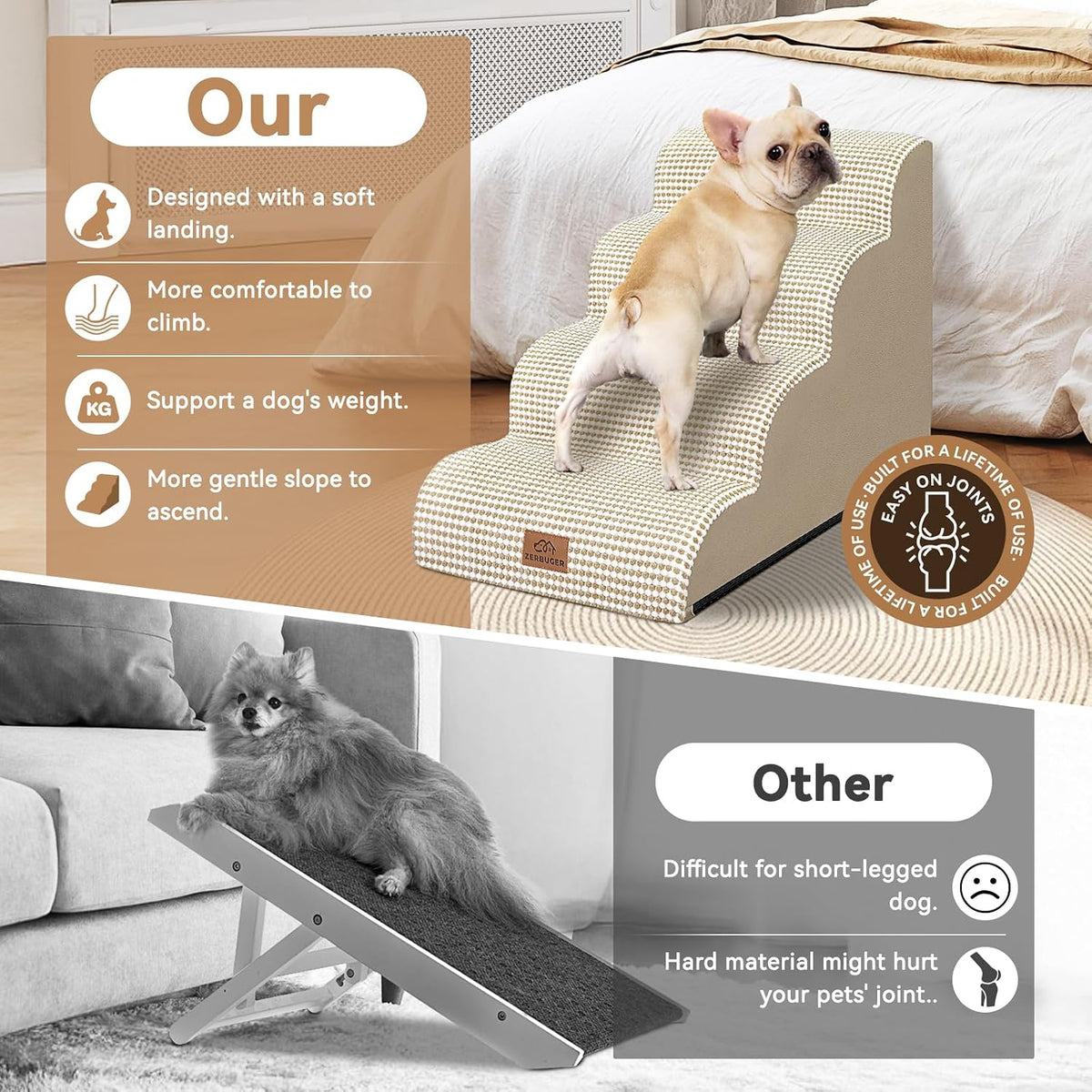 Zerbuger Dog Ramp and Stairs for Bed, Coffee 3 Steps 16" H - Beige / 4 - image 4