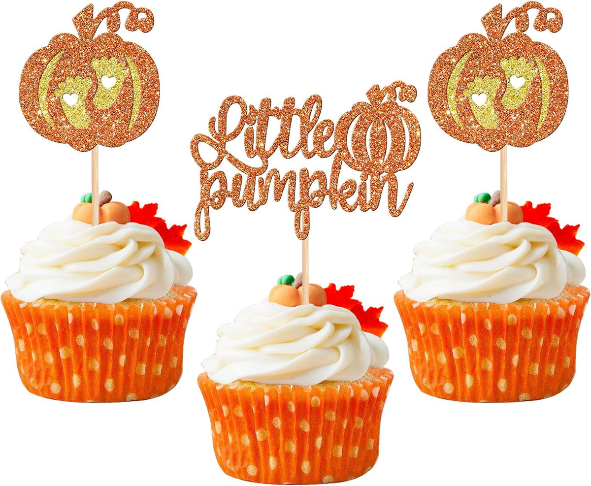 24 PCS Pumpkin Oh Baby Cupcake Toppers Glitter Fall Theme pumpkin - Design 12