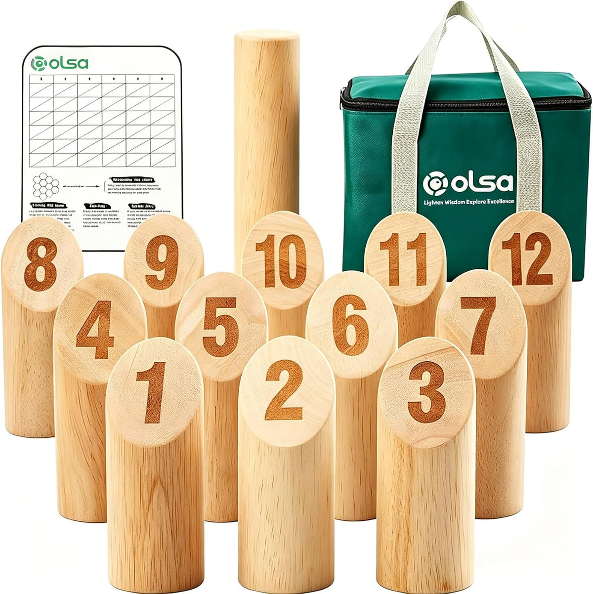 OLSA Tossing Game Set - 12 Wooden Numbered Pins Family Outdoor Yard Game – Fun for Kids & Family