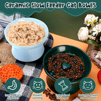 Tioncy 2 Pcs Ceramic Elevated Slow Feeder Cat Bowl - Dark Green, Blue / 2 - image 4