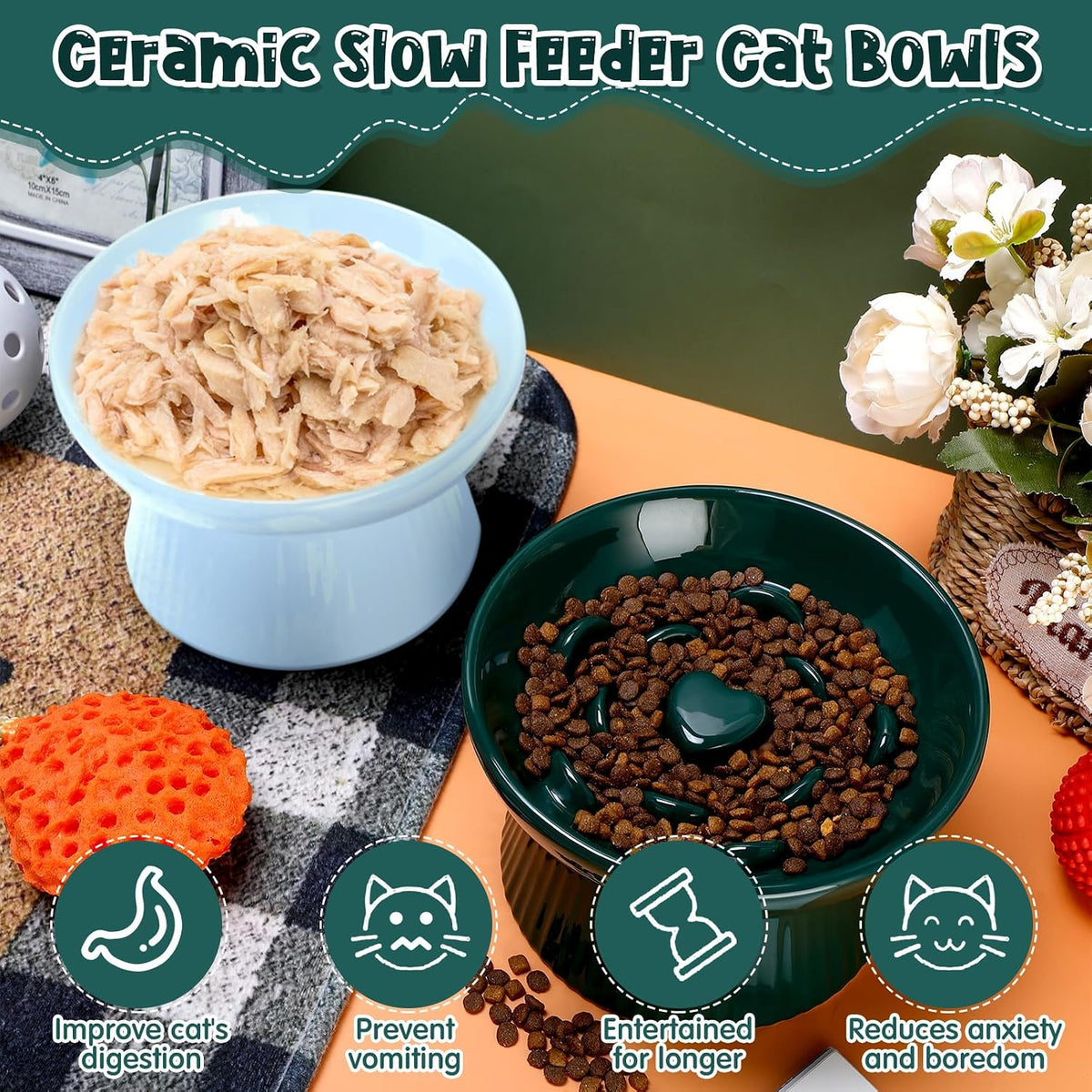 Tioncy 2 Pcs Ceramic Elevated Slow Feeder Cat Bowl - Dark Green, Blue / 2 - image 4