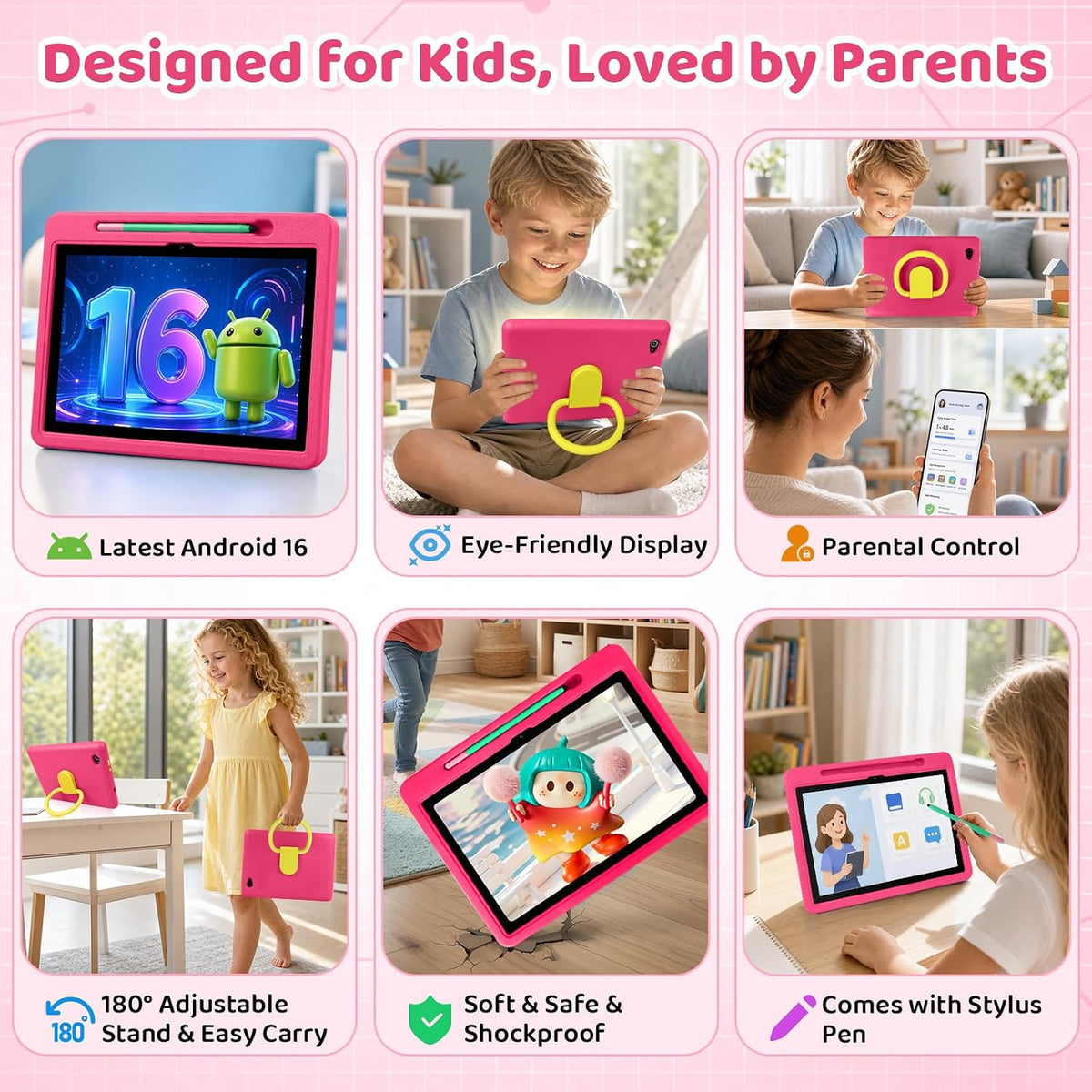 Android 16 Kids Tablet HD 10 Inch with Stylus & Case - Pink - image 4