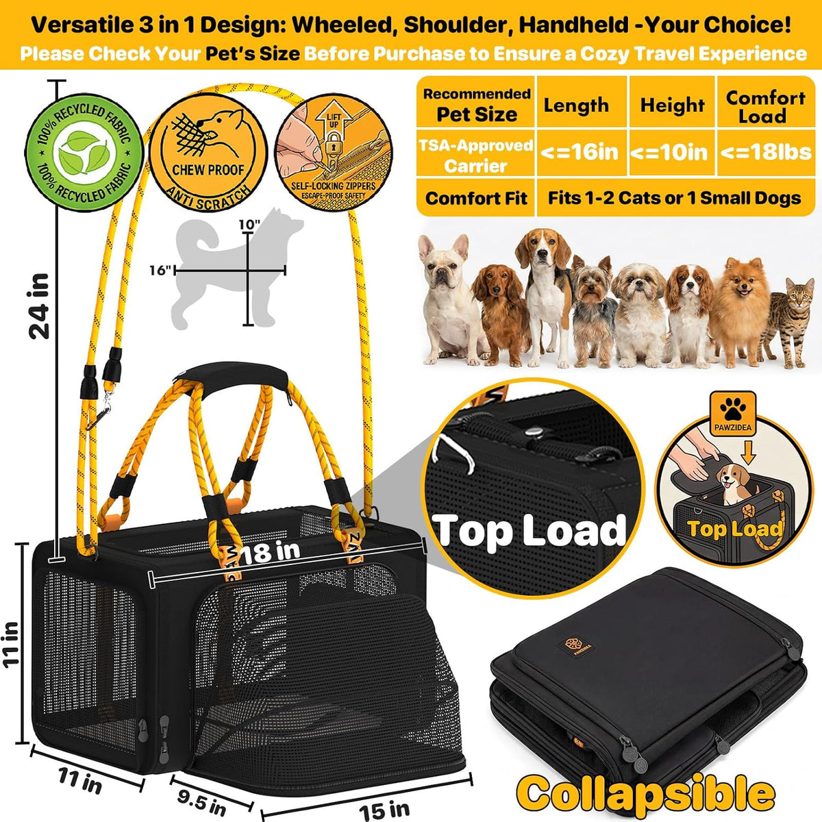 Expandable Pet Carrier for Small Cats & Dogs - 18.0"L x 11.0"W x 11.0"H / Black Warrior - image 2
