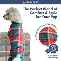 Spark Paws Dog Pajamas - Stretch Onesie Recovery Full Leg Surgery Suit PJS – Essentials for Dogs - Green and Red Plaid / 3XL - image 2
