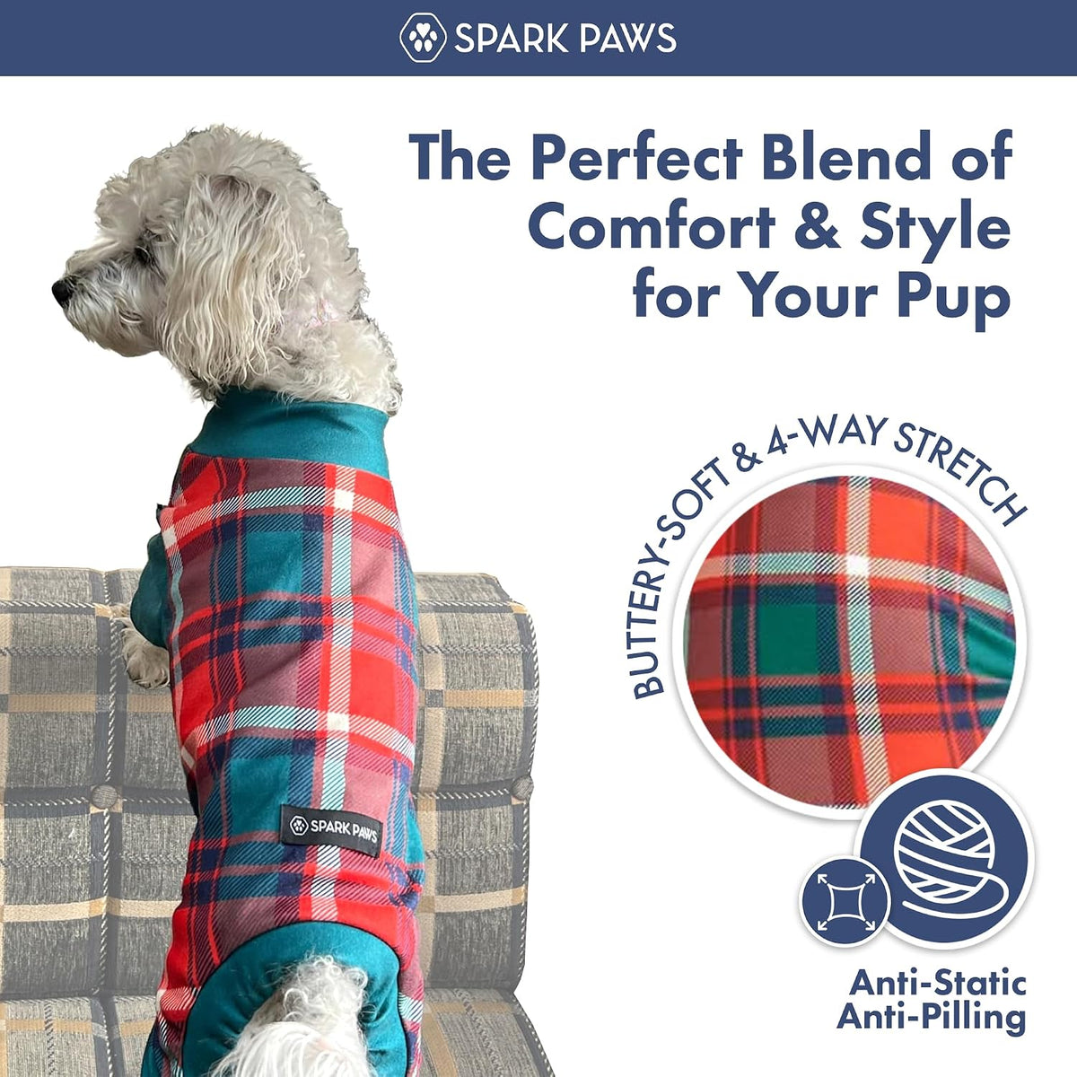 Spark Paws Dog Pajamas - Stretch Onesie Recovery Full Leg Surgery Suit PJS – Essentials for Dogs - Green and Red Plaid / 3XL - image 2