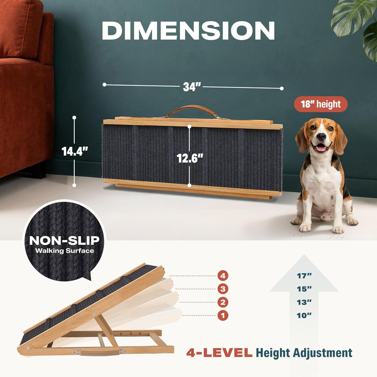 Adjustable Dog Ramp for Bed, Wooden Dog Ramp for Couch - Light Brown / 34" Long x 12.6" Walking Space - image 2