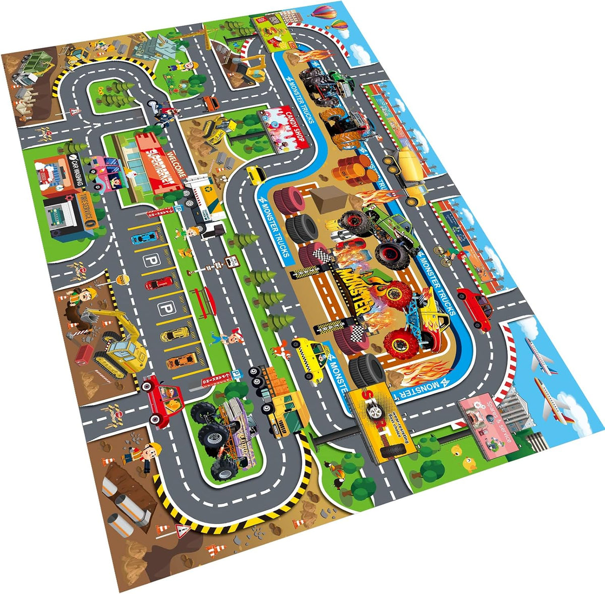 Oriate Kids Dream Mat Modern City Road Map Rug - Monster Truck Mat