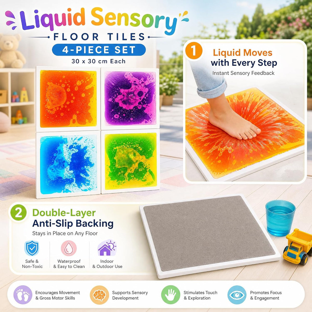 edusense 4 pack of 11.8 inch liquid sensory floor tiles with moving multicolor gel and non-slip base - view 15
