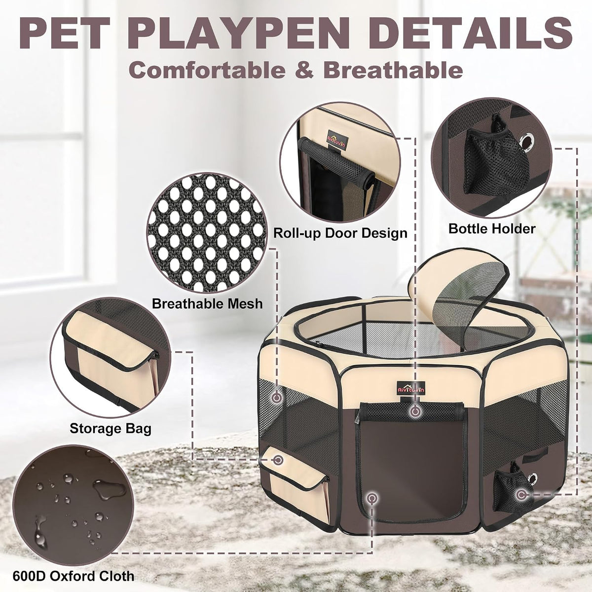 Aivituvin Dog Playpen, Foldable Pet Play Pens with Carrying Bag for Cat, Puppies, Rabbits, Portable - XL / Brown - image 2