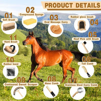 Abbylike 12 Pieces Horse Grooming Kit Racing Festival Tack Room Supplies Horse Brush Sets Equine Care Cleaning Kit Shedding Grooming Massaging Tools(Khaki)