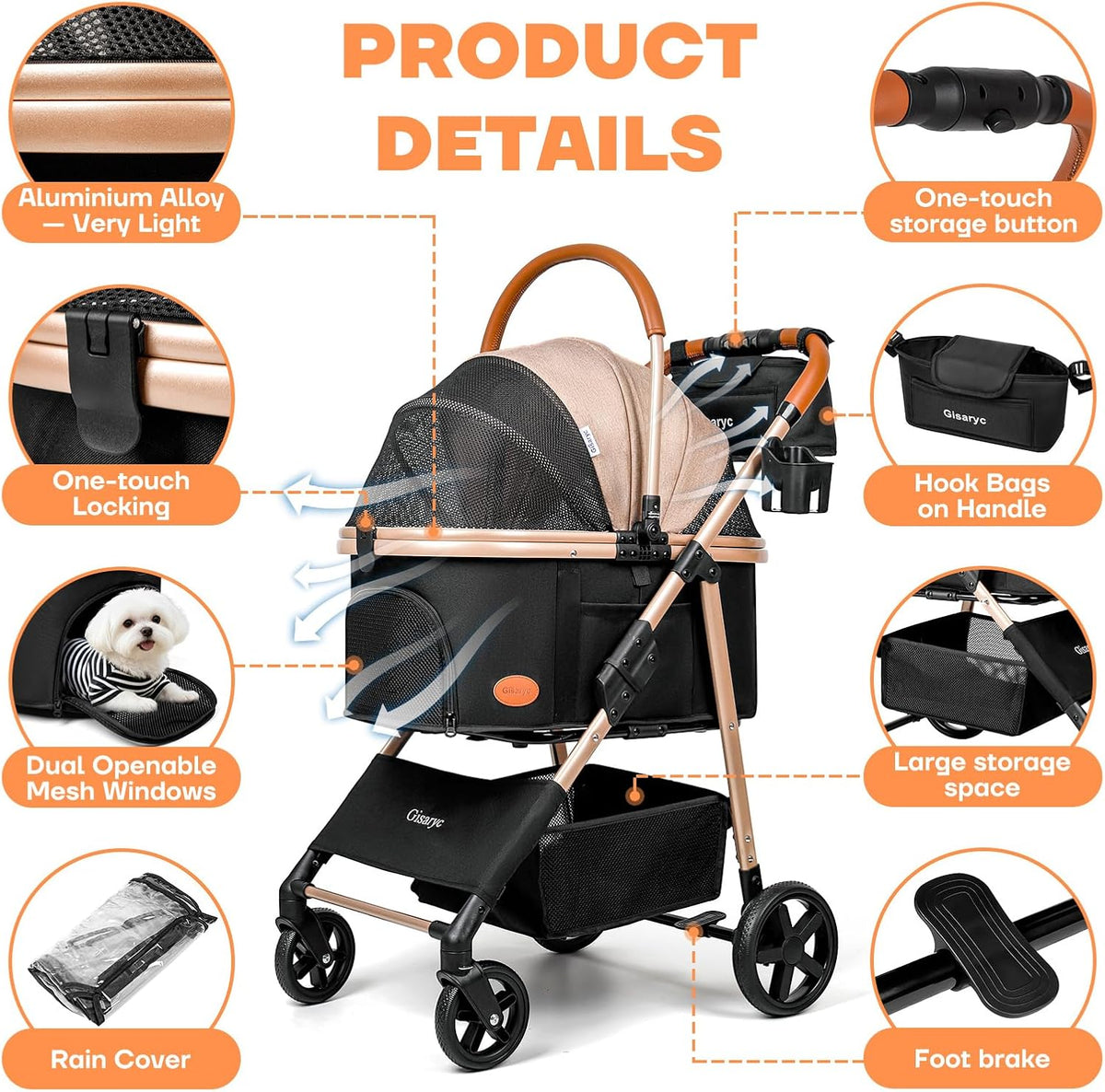 Dog Cat Stroller for Small/Medium Pets - Khaki - image 4
