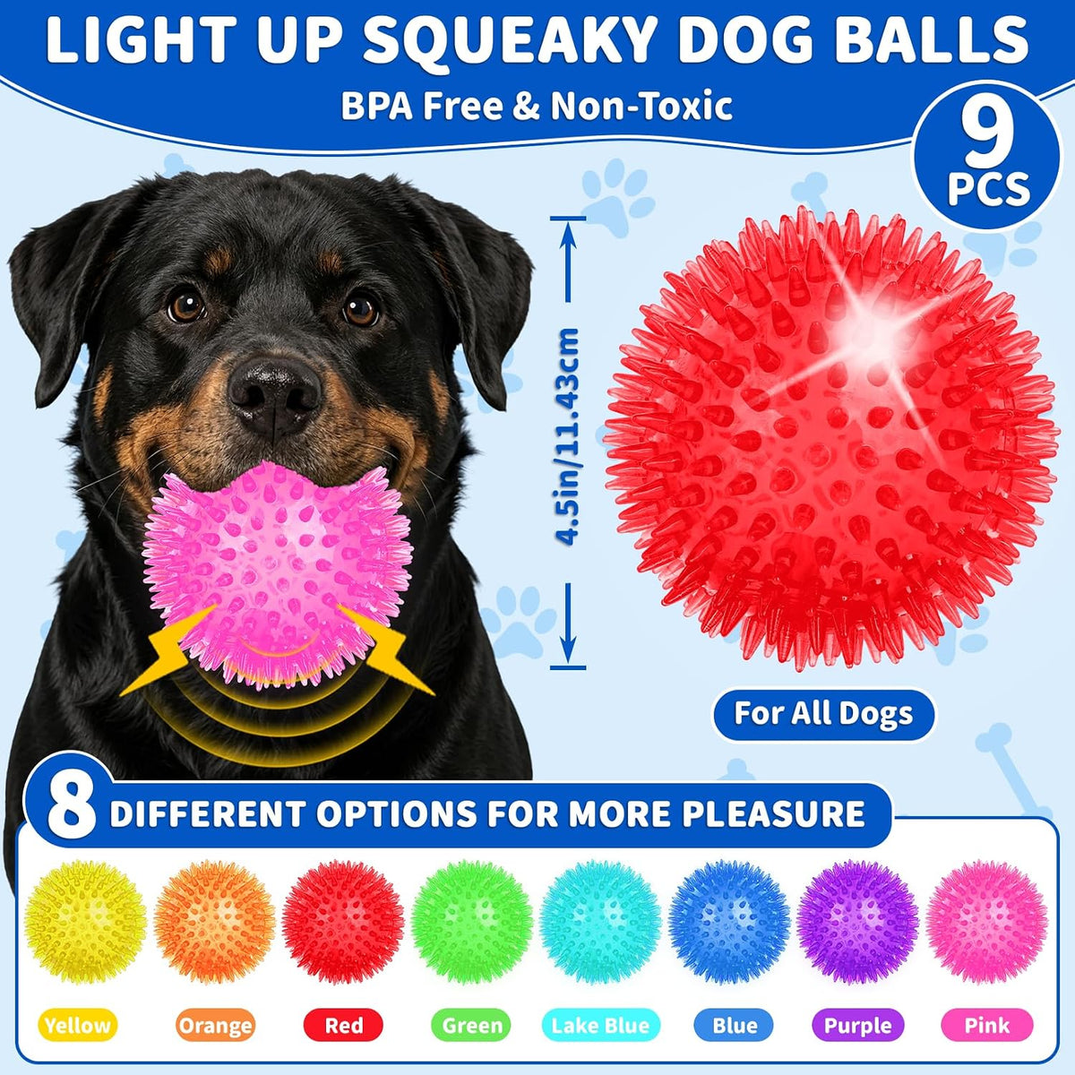 36 Pcs 2.5 in Squeaky Dog Toy Balls Spiky Dog Balls Chew Toy - 4.5in / LED – 9 Pcs - image 2