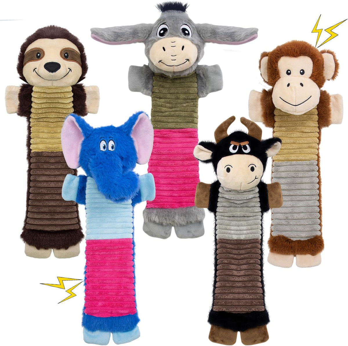 2 Pack No Stuffing Dog Squeaky Toys - Donkey, Elephant, Cattle, Monkey, Sloth