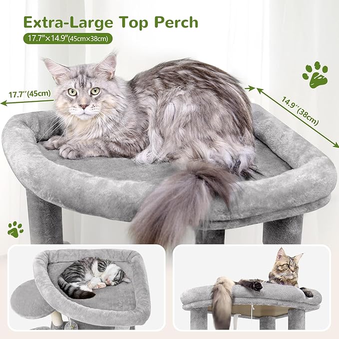 Globlazer Corner Cat Tree for Large Cats, 66inch Tall Curved Series Large Cat Tower for Multiple Indoor Cats with 6 Scratching Posts, 2 Spacious Cat Condos, Hammock, Hanging Basket, C66, Light Grey