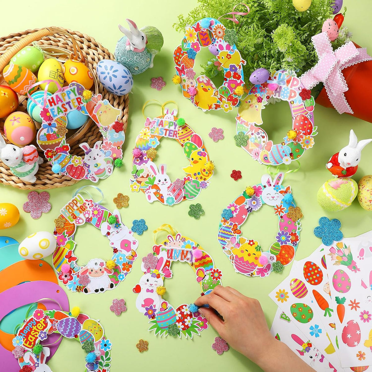 Hollowfly Thanksgiving paper wreath craft kits with gem stickers, ribbons and wool balls - view 29