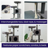 Catry® Stella 7-Level 67.5” Linen & Quilted Velvet Cat Tree with Recycled Paper Scratchers, Two Condos, Removable Beds, Toys, Easy to Clean, Ideal for Large Cats and Multi-Cat Homes (Zinc Gray)