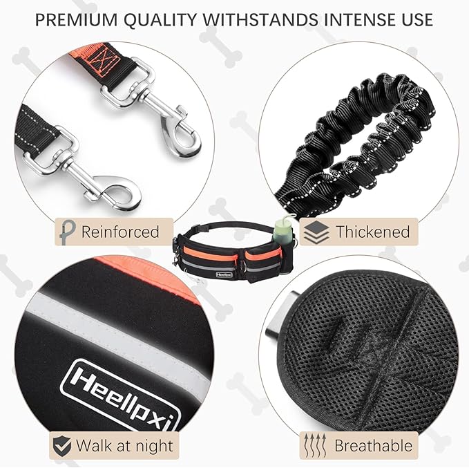 Hands-Free Waist Leash with Pouch for Two Dogs: Reflective Stitching, Dual Handle & Bungee Retractable Design – Ideal for Medium to Large Dogs (Orange) – Dog Walking Accessories