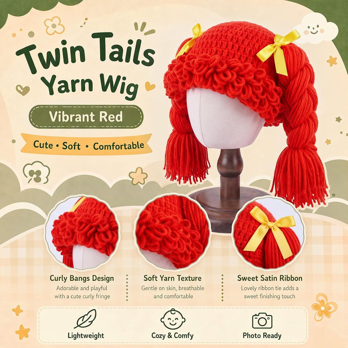 Halloween Cabbage Costume Yarn Wig - Red 4 / Long Braided Pigtails - image 3