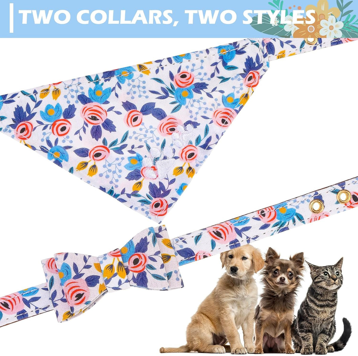 Dog Collar and Leash Set - Embroidery Floral Dog Bow Tie and Bandana Collar with Bell, Cute Flower - Flower Blue / Small - image 3