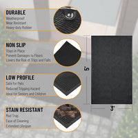 Indoor/Outdoor Hose-Wash Ribbed Design Non-Slip Rubber 3x5 Modern Area Rug for Living Room, Bedroom, Dining Room, Office, 35" x 60", Black