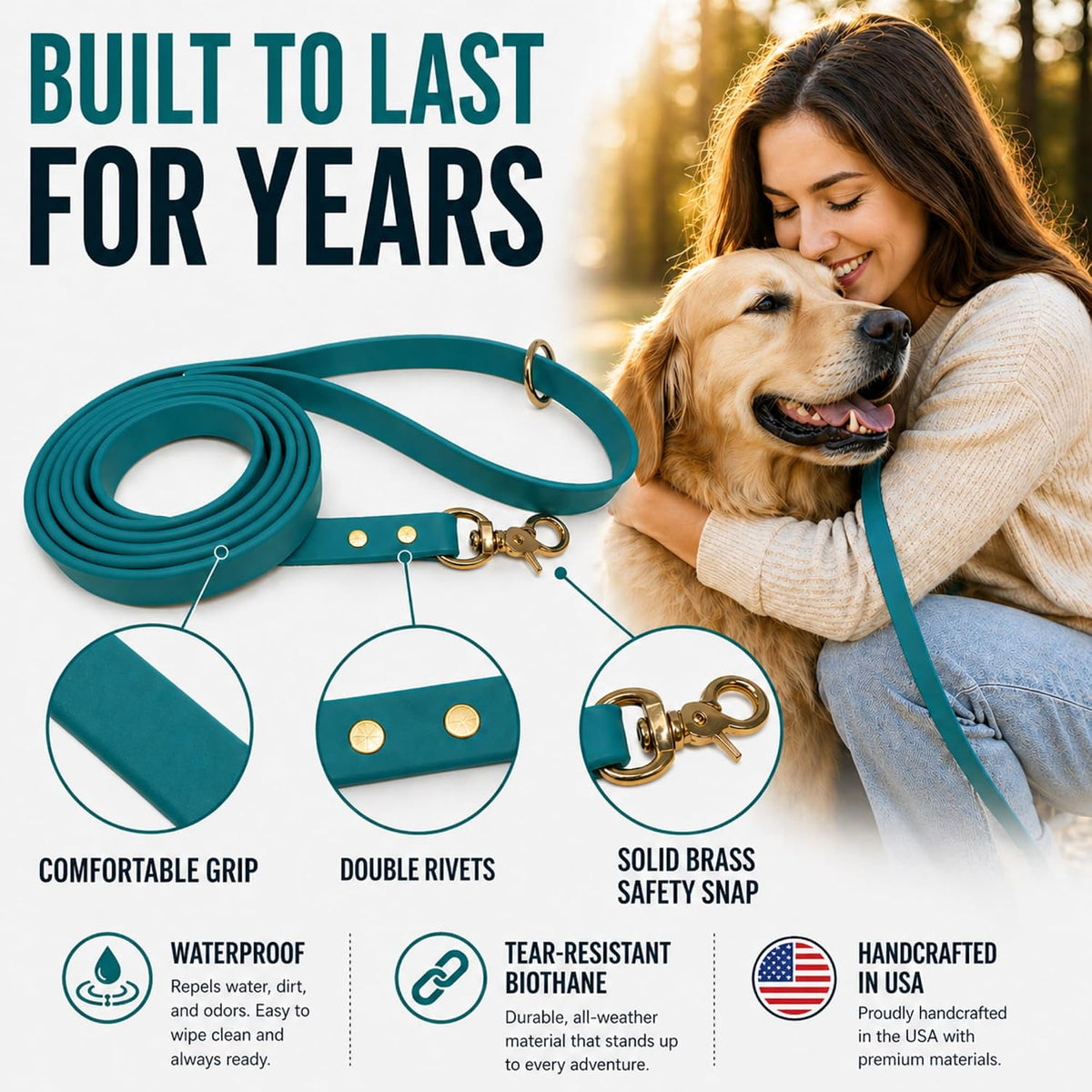 Biothane Leash, Brass, 6 ft x 5/8, Black – Essentials for Dogs - 5/8 / Teal - image 4