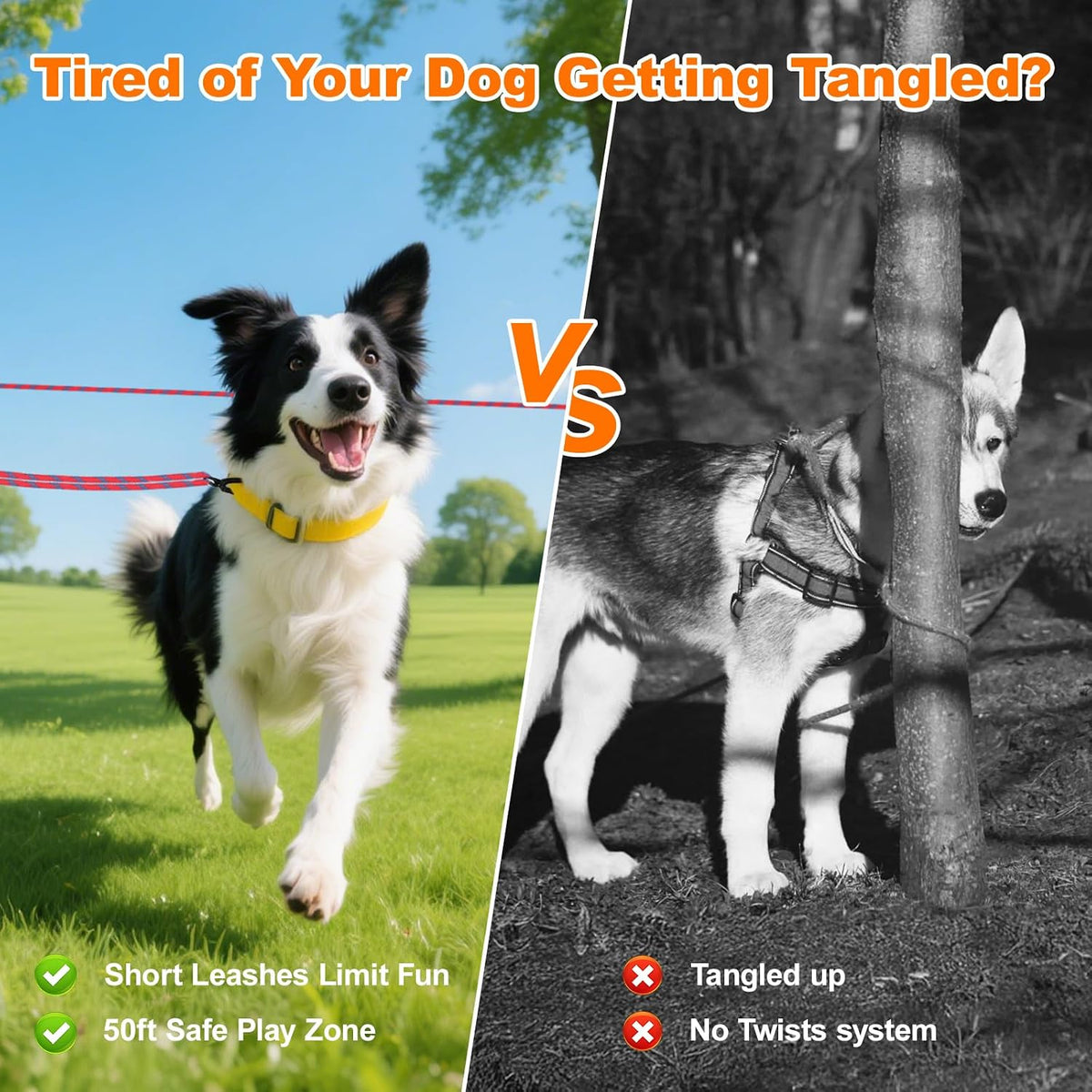 50ft Dog Tie Out Cable, Dog Leash, Long Leash for Dogs Outside - 50FT / Red