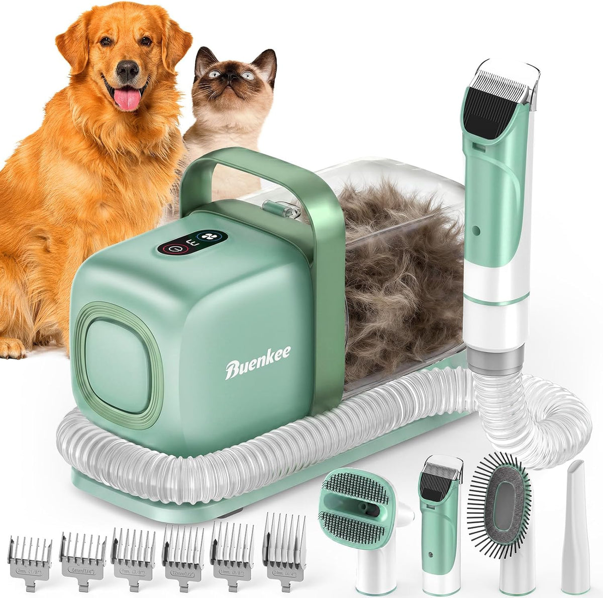 Buenkee Dog Grooming Vacuum Kit, 15000Pa Clipper, Shedding Brush - Green