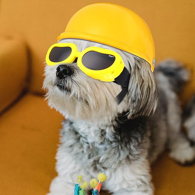 Frienda Dog Helmet and Goggles, UV Protection Doggy Sunglasses and 4 Inch Padded Puppy Motorcycle Helmet Adorable Dog Goggles with Adjustable Belt for Small Dogs Puppy Riding(Yellow,S)