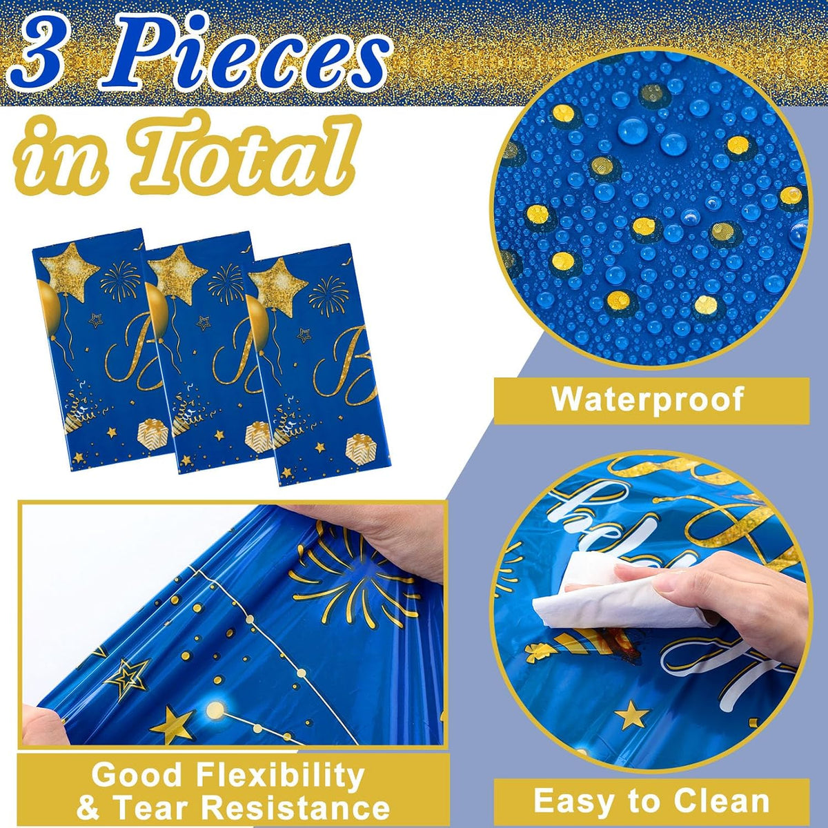 Tudomro 3 Pcs Plastic Happy Birthday Party Tablecloths - Blue Gold / 3 - image 4