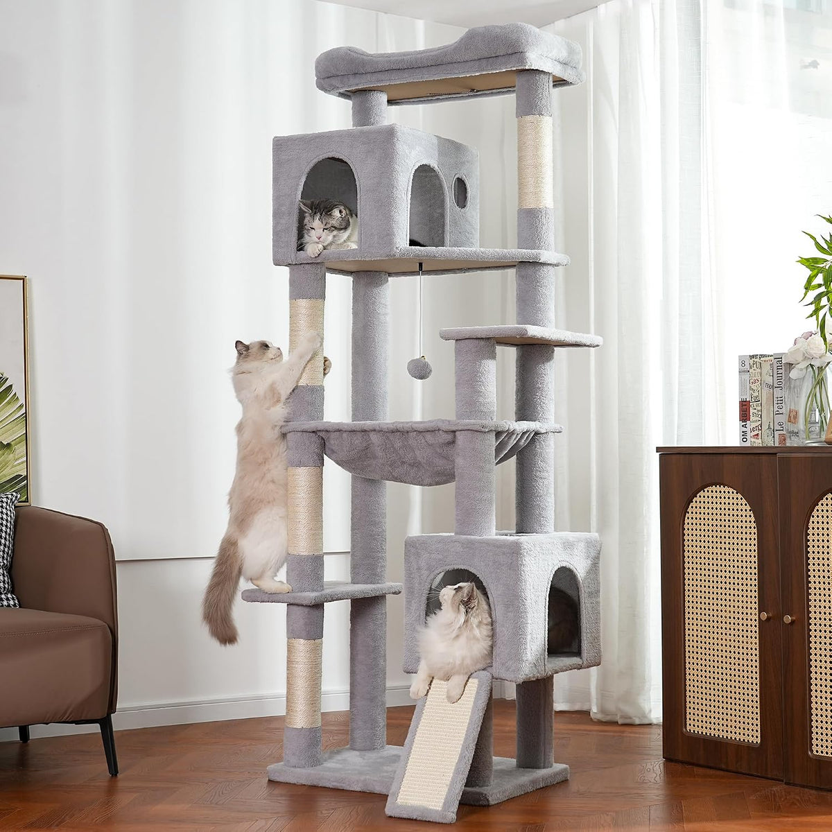 Cat Tree 32” Small Cat Tower with Large Hammock 16”& Self Groomer – Essentials for Cats - XXL-70" / Gray