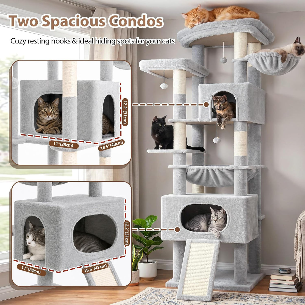 Cat Tree, 74" Tower for Large Cats, Big Condo & Hammock GCT030G – Essentials for Cats - 78.7 inch / Light gray - image 4