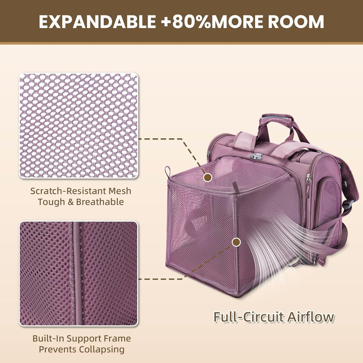 Expandable Large Cat Carrier Backpack, Supports up to – Essentials for Dogs - 16.5"L x 10.2"W x 15.8"H / Plum - image 4