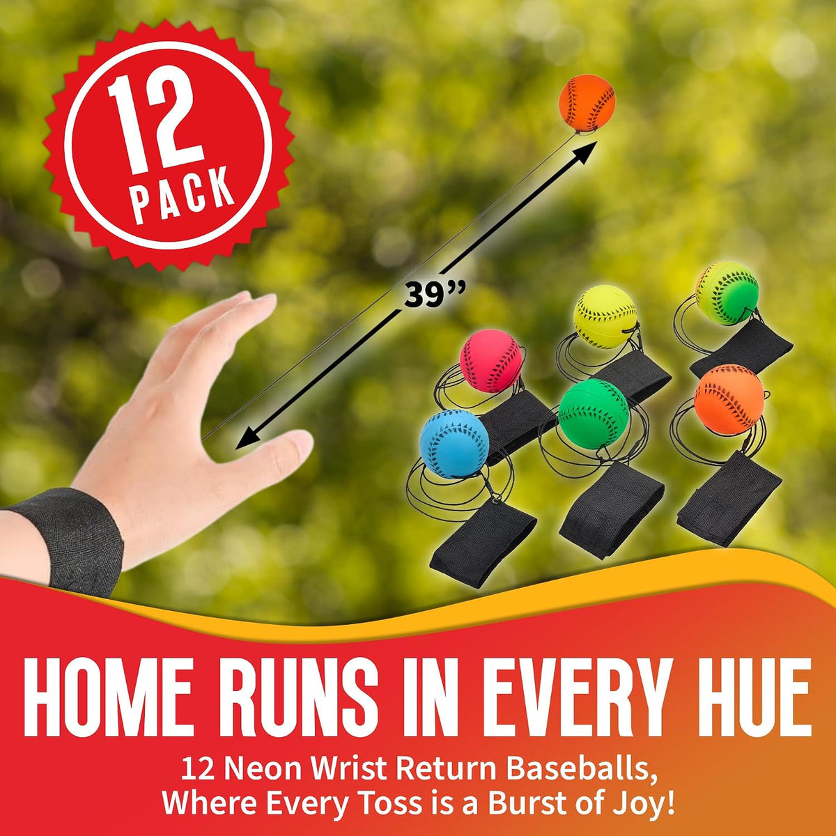 Playbees 12 neon wrist baseballs on elastic cords with Velcro wristbands - view 8