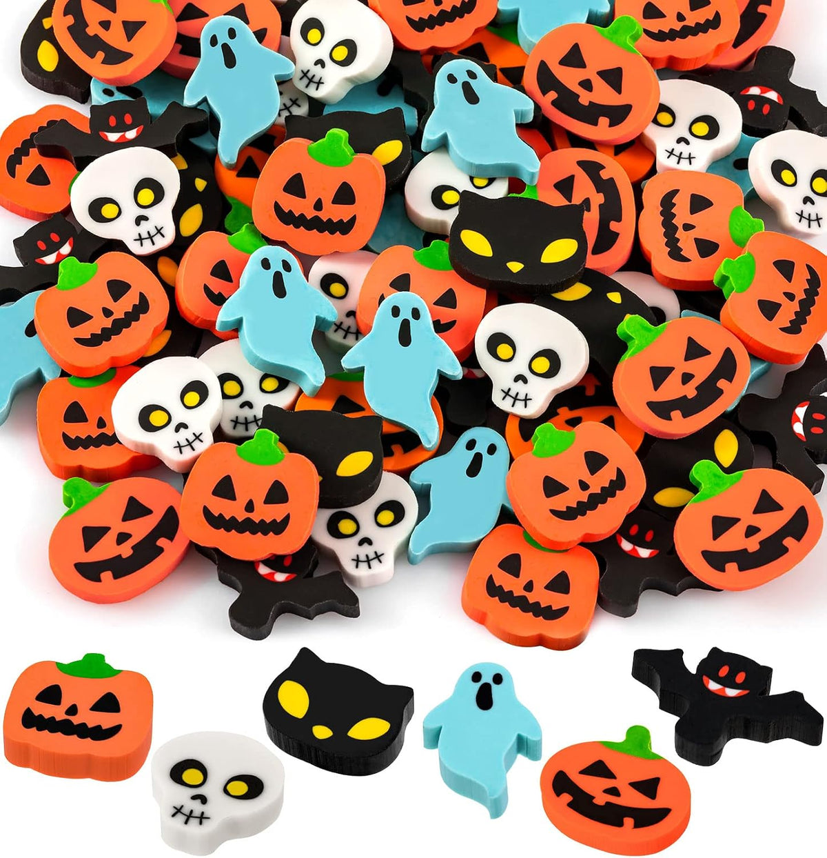 YGAOHF 60 mini Halloween erasers in pumpkin, ghost and bat shapes