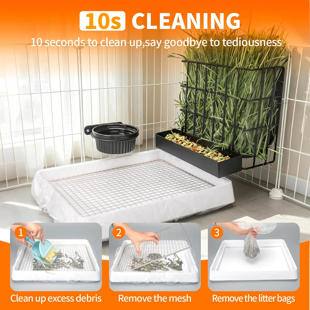 3 in 1 Guinea Pig Hay Feeder with Litter Box & Water Bowl - 10in set / Black - image 2