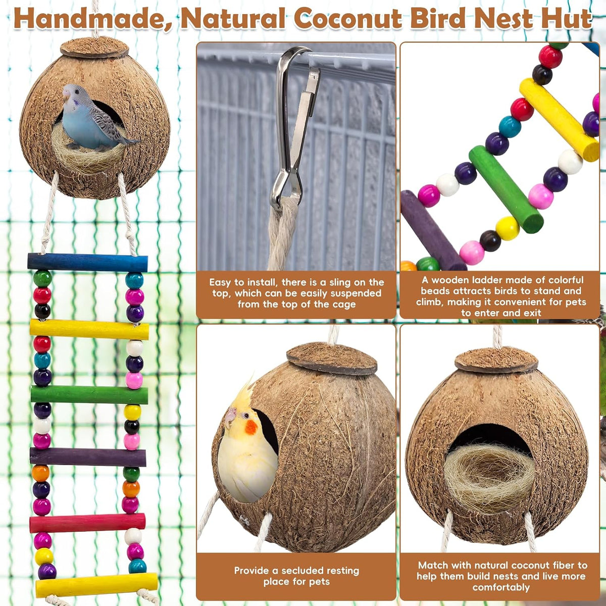 PINVNBY Coconut Bird Nest Hut with Ladder - Color ladder - image 2