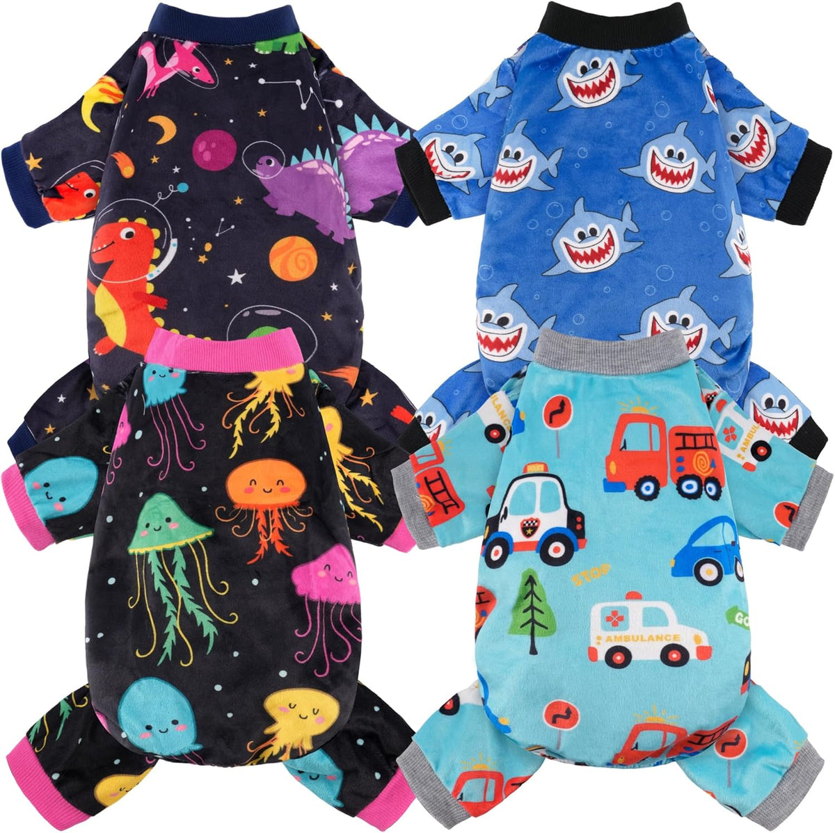 4 Pack Dog Pajamas Soft Lightweight Dog Recovery Suit Onesie Clothes - Dinosaur,Jellyfish, Transportation,Shark / M (Back: 9",Chest: 13.7", 5-8lbs)
