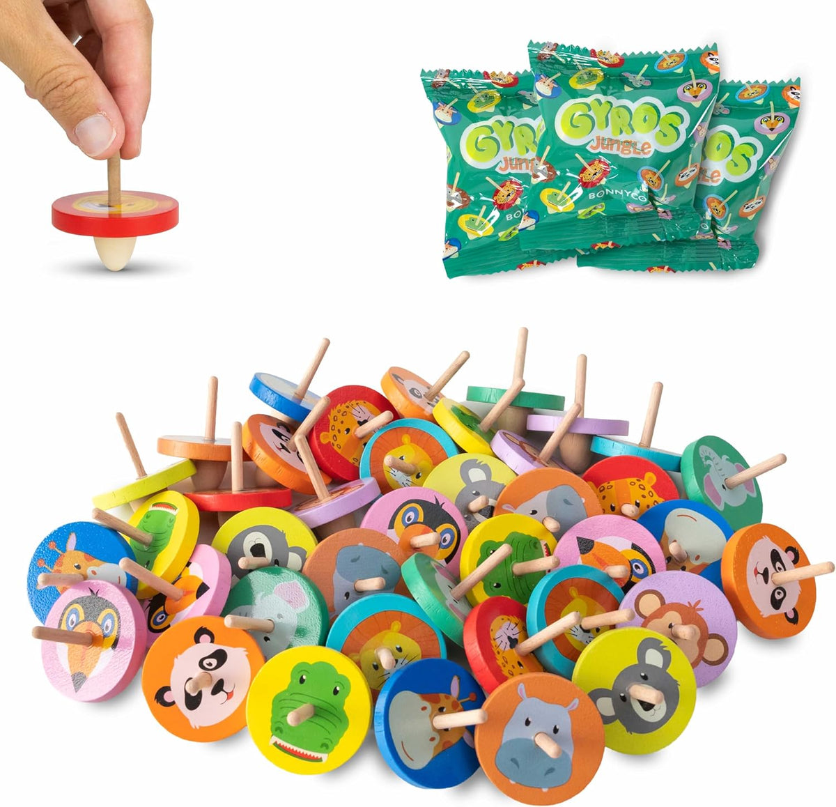 BONNYCO Wood Spinning Top 40 Pack of Animal Birthday Party Favors - Jungle / 40 Pack