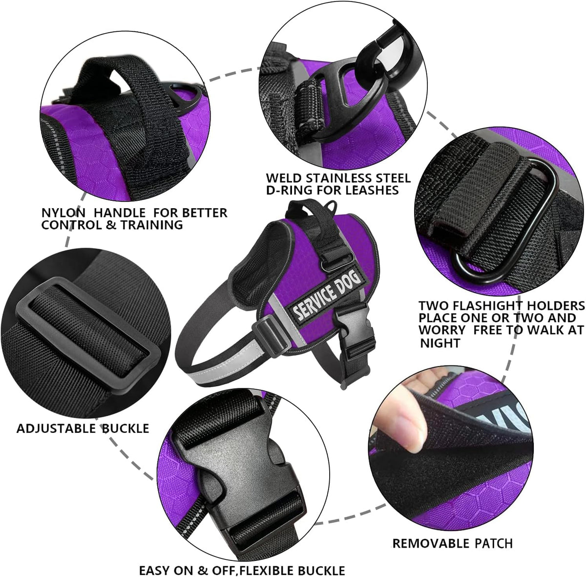 JSXD Dog Harness,No-Pull Service Dog Harness with Handle Adjustable Outdoor Pet Dog Vest 3M - L / Purple - image 2