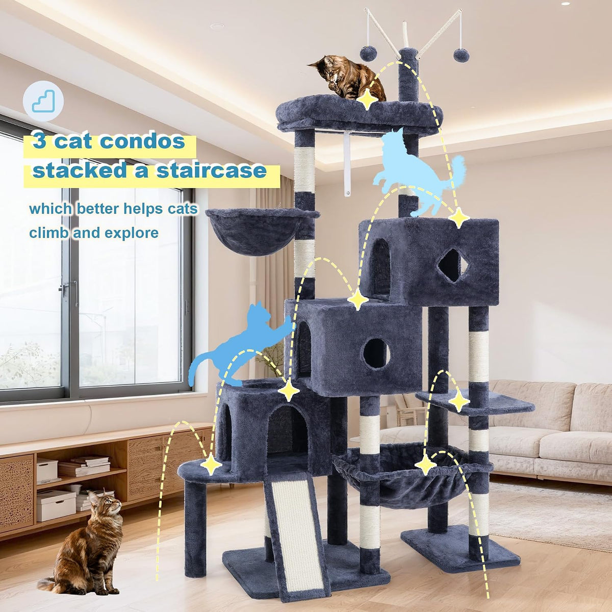 Hey-brother Cat Tree Tower with 3 Condos - 74.8 inches / Smoky Gray - image 3