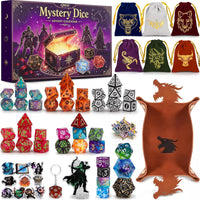 QMAY Mystery Dice Set – 7 Pcs Acrylic Polyhedral Dice + 1 Pcs Velvet Bag – Fun for Kids & Family - 24 Grids PRG Mystery Gift Box