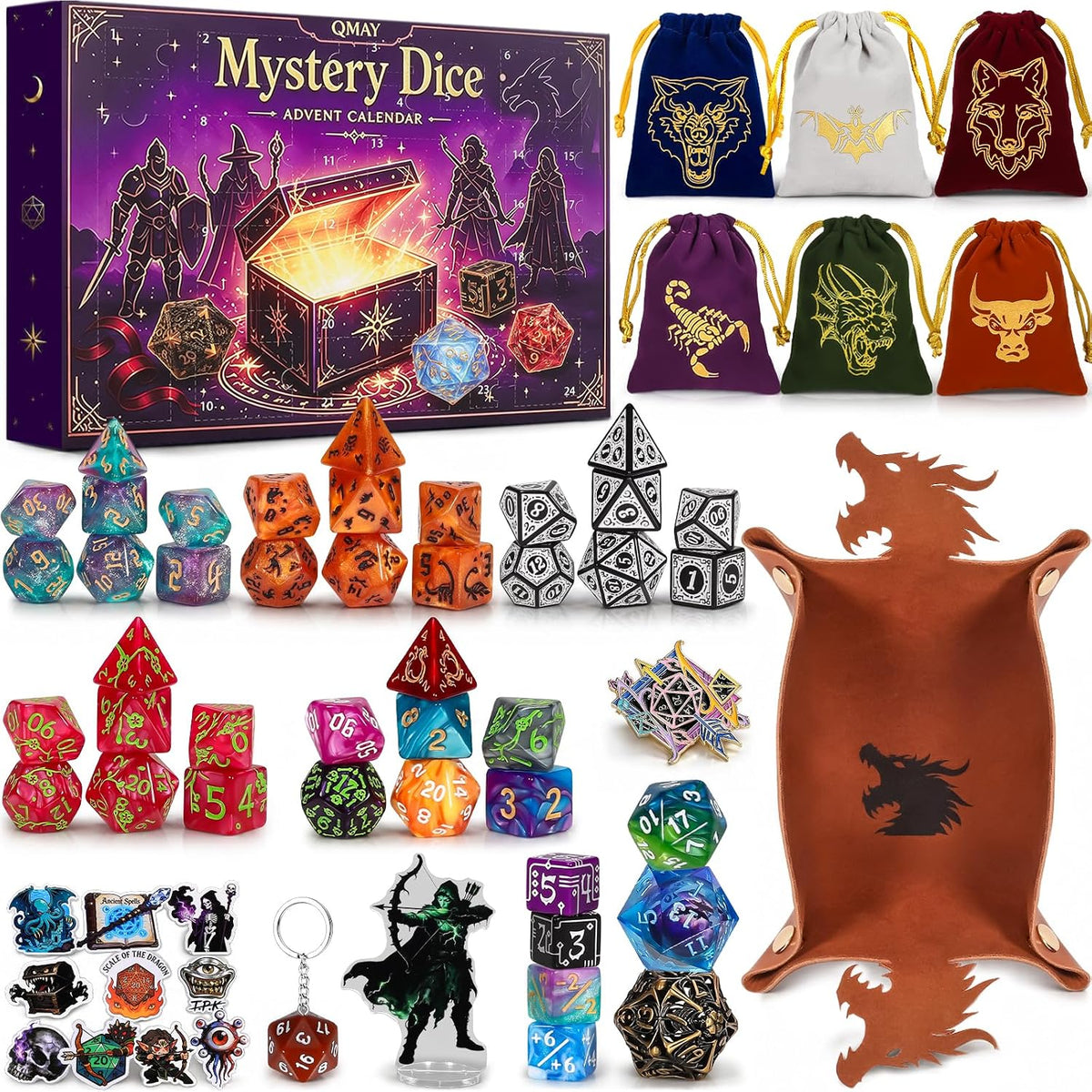 QMAY Mystery Dice Set – 7 Pcs Acrylic Polyhedral Dice + 1 Pcs Velvet Bag – Fun for Kids & Family - 24 Grids PRG Mystery Gift Box