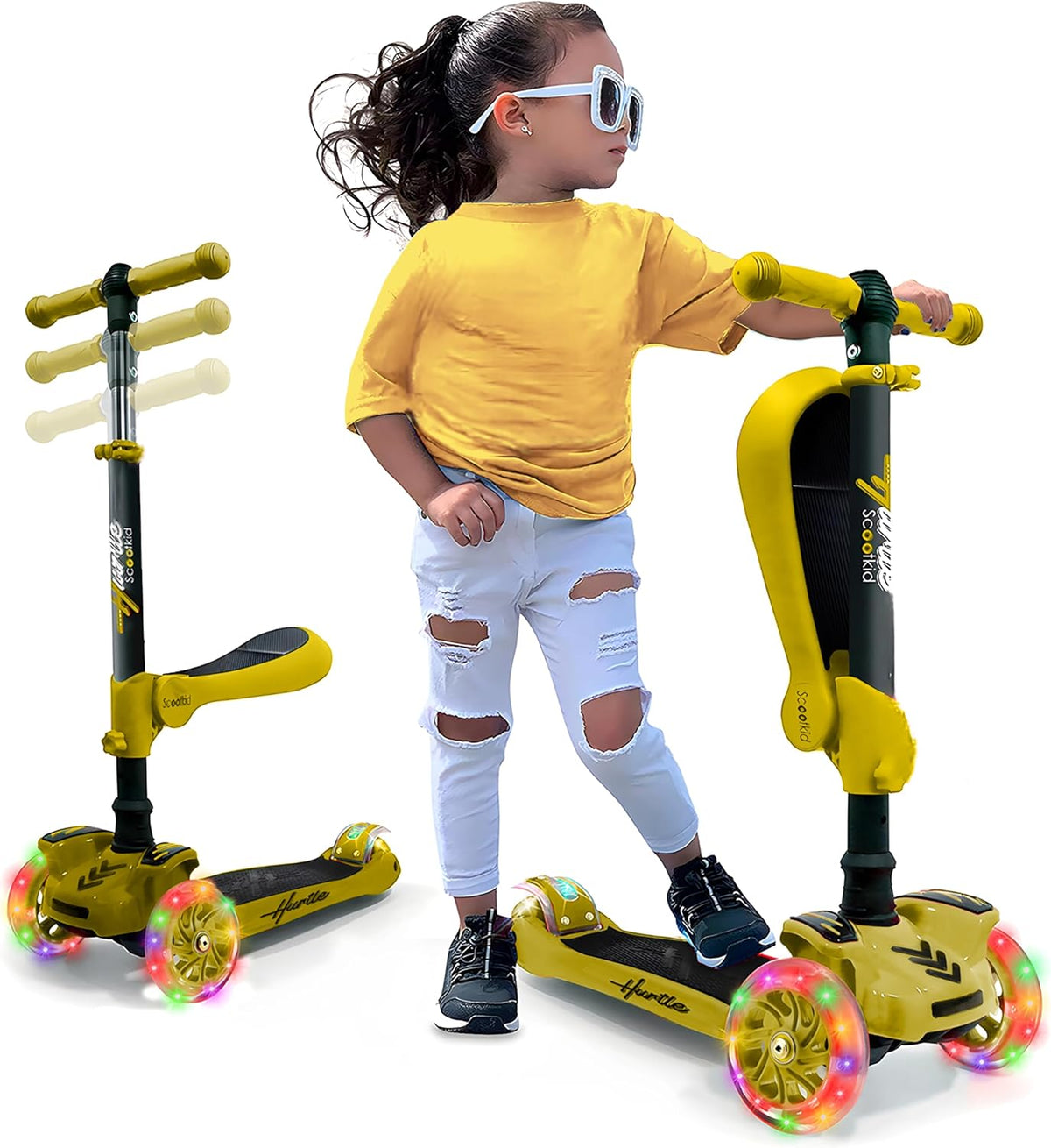 Hurtle 3-Wheeled Scooter for Kids, Wheel LED Lights - Yellow