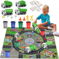 Y.L. DOYMX green garbage truck toy playset with four trucks, sorting bins, cards and play mat