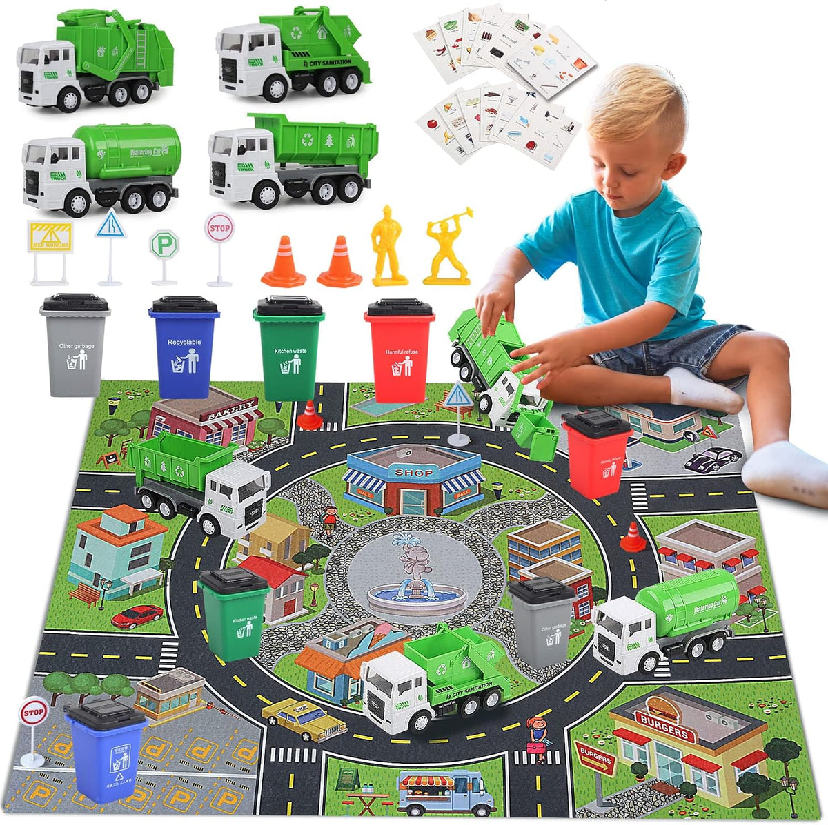 Y.L. DOYMX green garbage truck toy playset with four trucks, sorting bins, cards and play mat