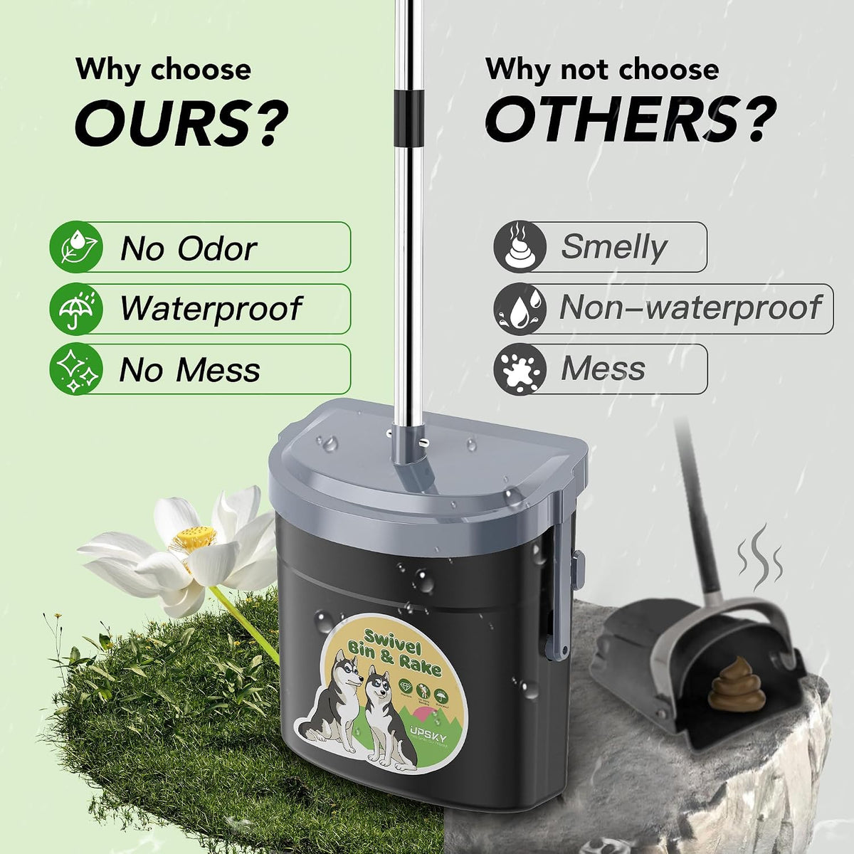 UPSKY 33.4" Dog Pooper Scooper Swivel Bin & Rake Kit with 100 Waste - Grey - image 3