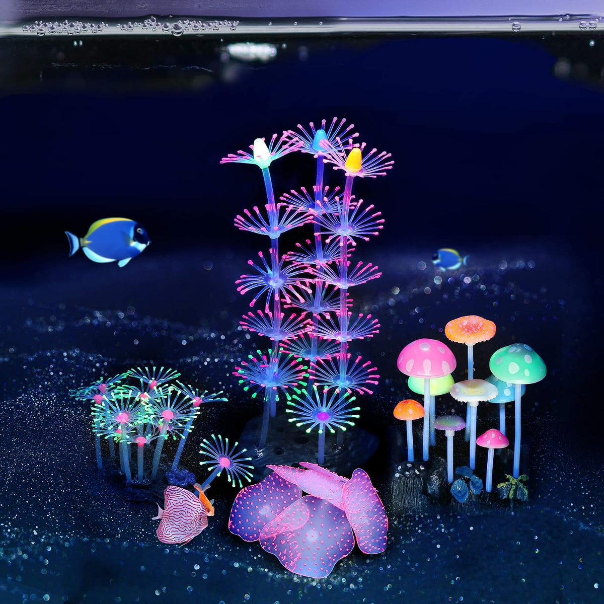 4 Pack Glow Aquarium Decorations Coral Reef Glowing Mushroom Anemone - 4 Pcs(coral Reef+branch Coral+mushroom+anemone) - image 2