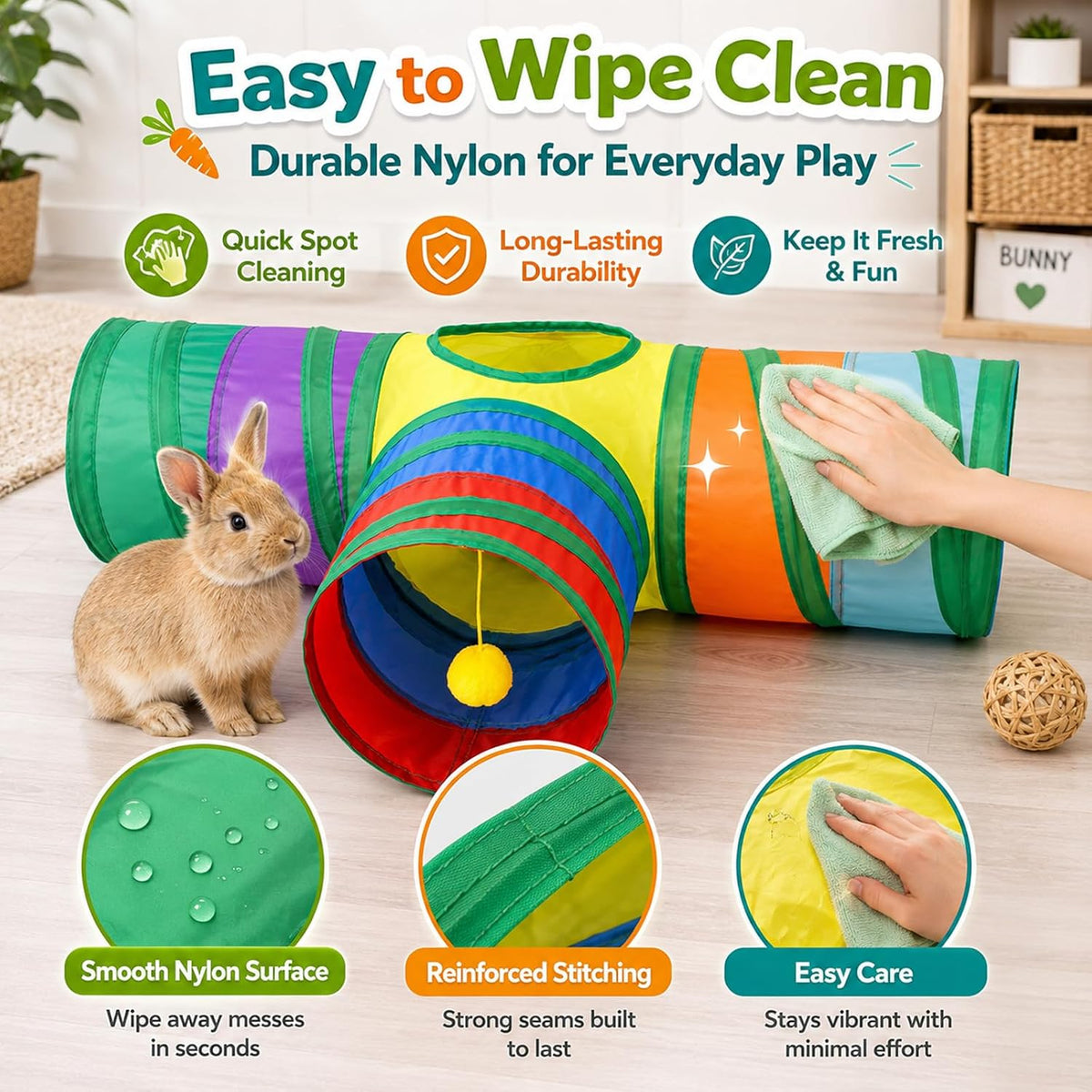 Mechpia Rabbit Toys, 3 Way Buuny Hideout Foldable Rabbit Tunnel and Tubes for Rabbit Guinea Pig - image 3
