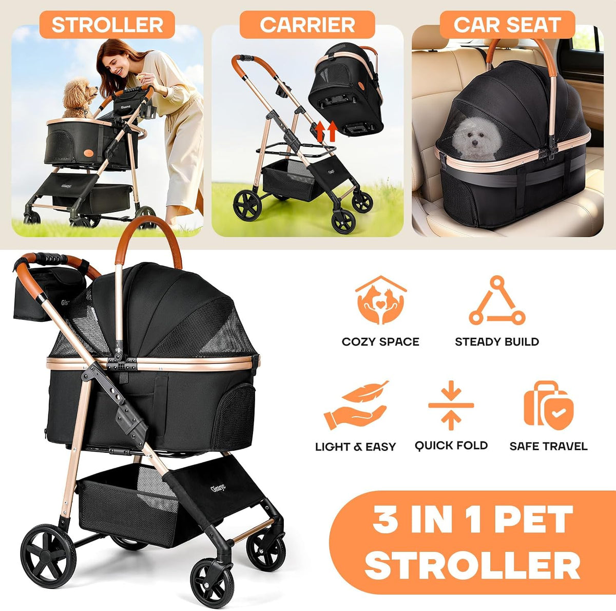 Dog Cat Stroller for Small/Medium Pets - Black - image 3